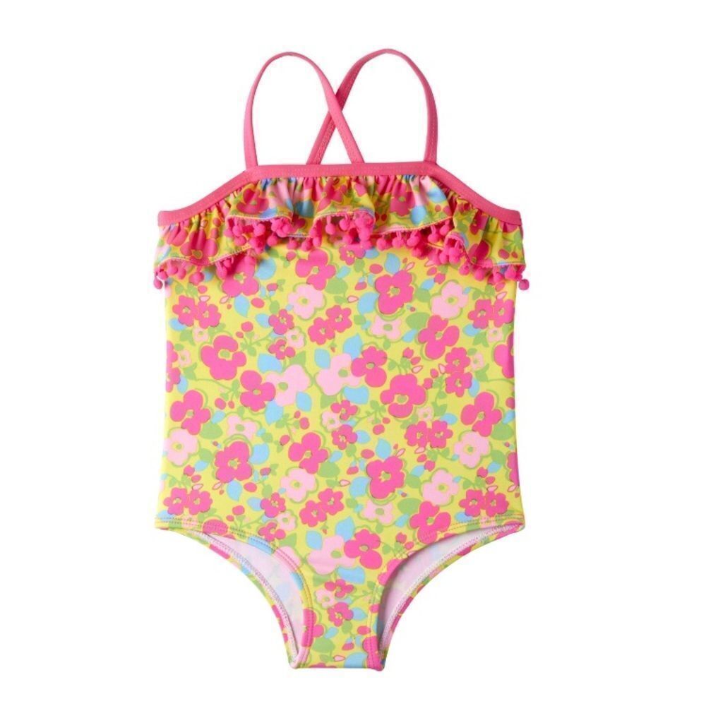 Pink Platinum Yellow Floral print Pom Pom trim
